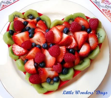 Heart Healthy, Heart Shaped Fruit Salad ~ fill the plate with strawberries, kiwis, blueberries and raspberries